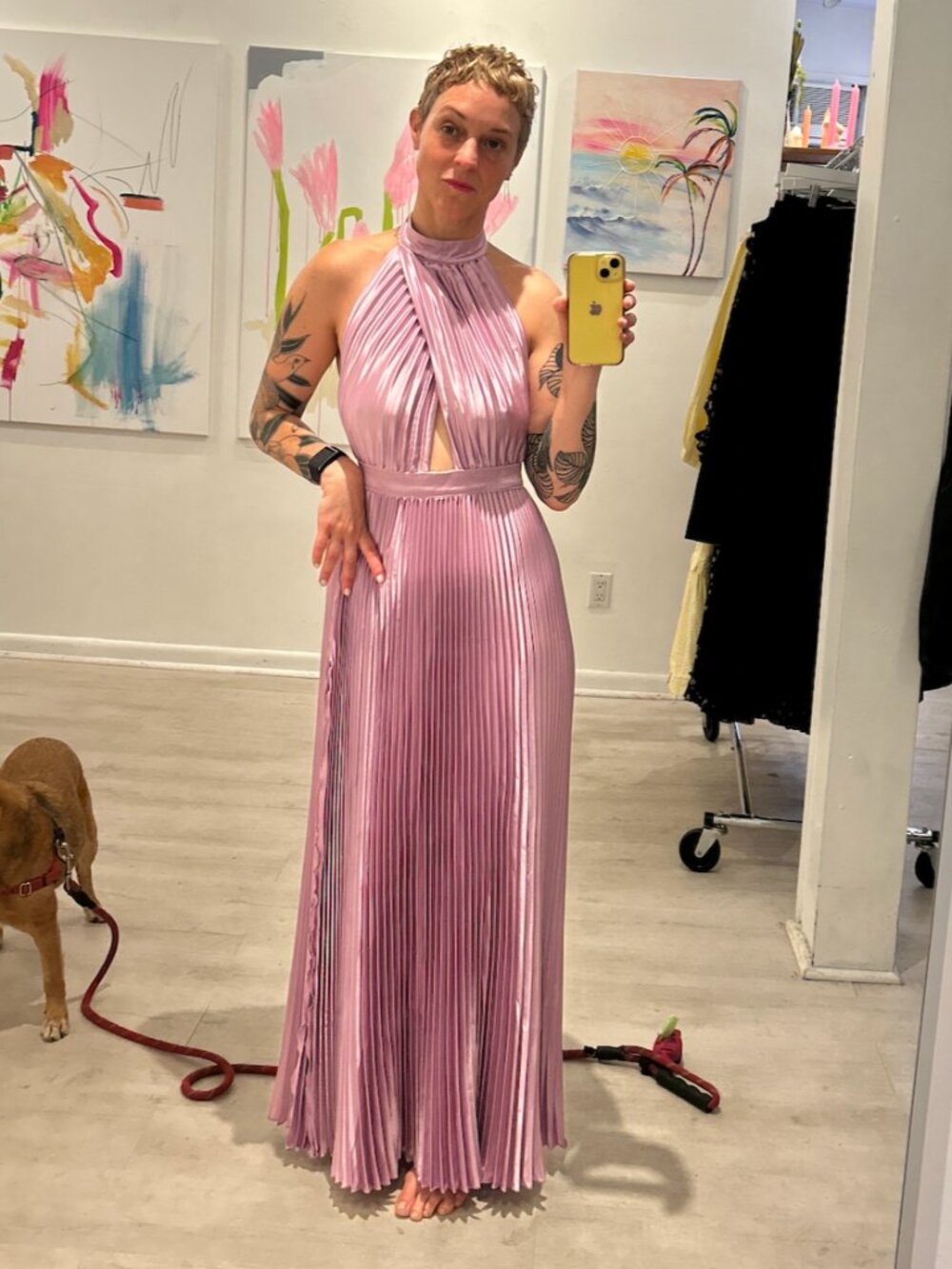L'IDÉE WOMAN Lavender / Pink Satin Renaissance Split Maxi Gown